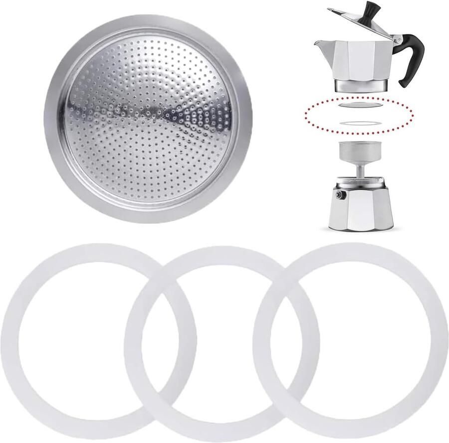 Espresso machine 3 pieces sealing ring voor 6 kopjes silicone vervangingsring aluminium zeef inzet afdichtringen voor koffiepotten 2 x silicone afdichtring + 1 x staalfilter