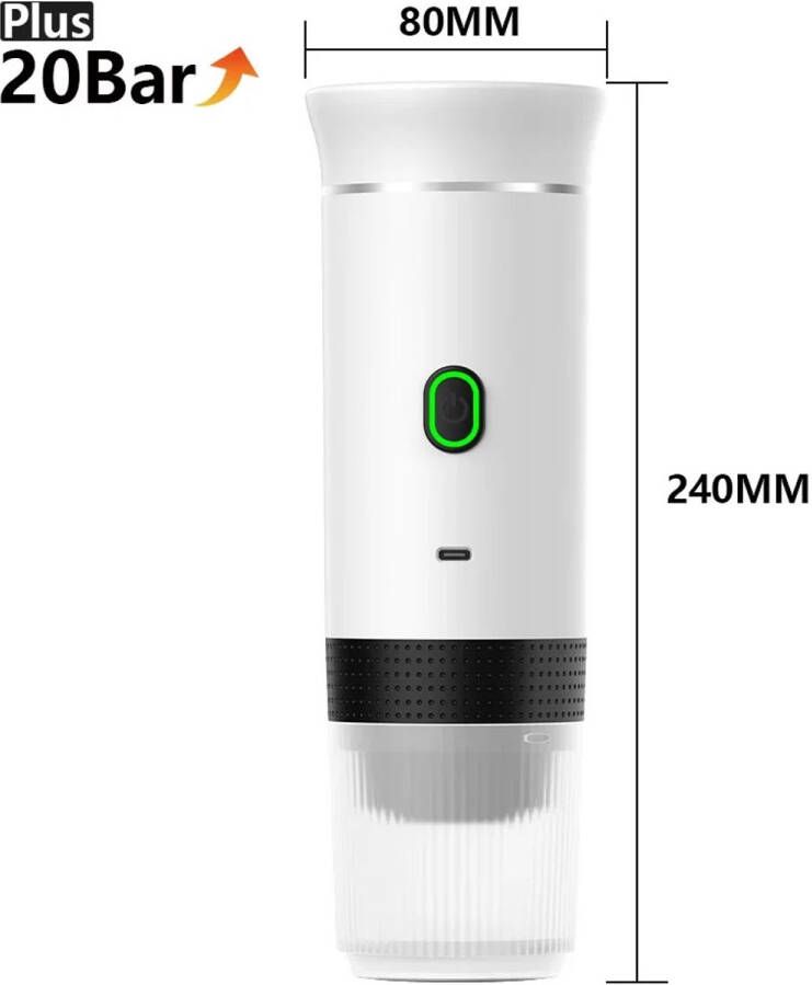 Espresso Machine Draagbaar Draadloos 3-in-1 – 20 Bar – Voor Koffiecapsules & Gemalen Koffie – USB Oplaadbaar – Wit – Camping & Reizen