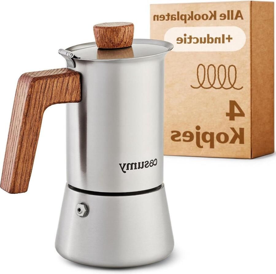 Espresso Maker Moka Pot Koffie Zetten Duurzaam Eikenhout 4 Koppen Zilver
