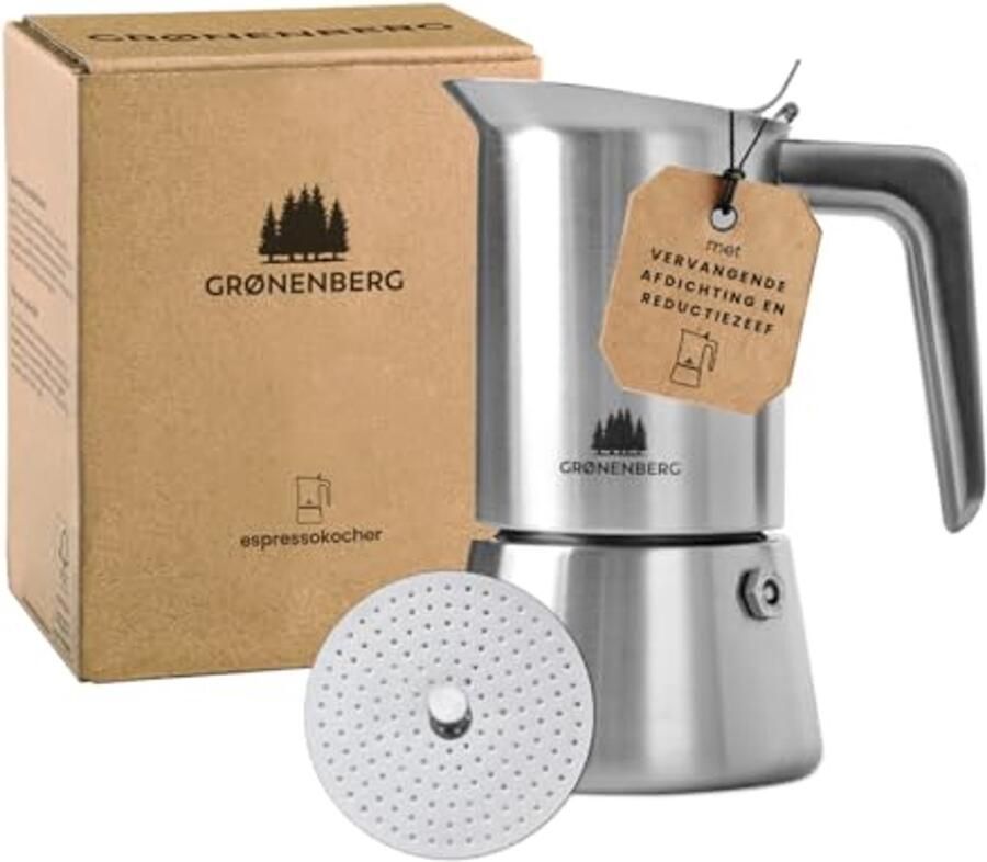 Espresso Maker voor inductie 4 kopjes (200 ml) RVS espresso pot met reductiefilter Aluminium-vrije espressopads Italiaanse koffiemaker