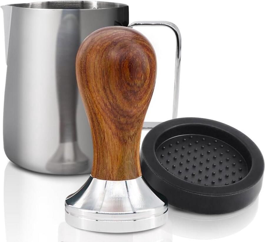 Espresso Tamper 51 mm RVS met Houten Handvat en Barista Set Inclusief Tampermat en Melkkannetje