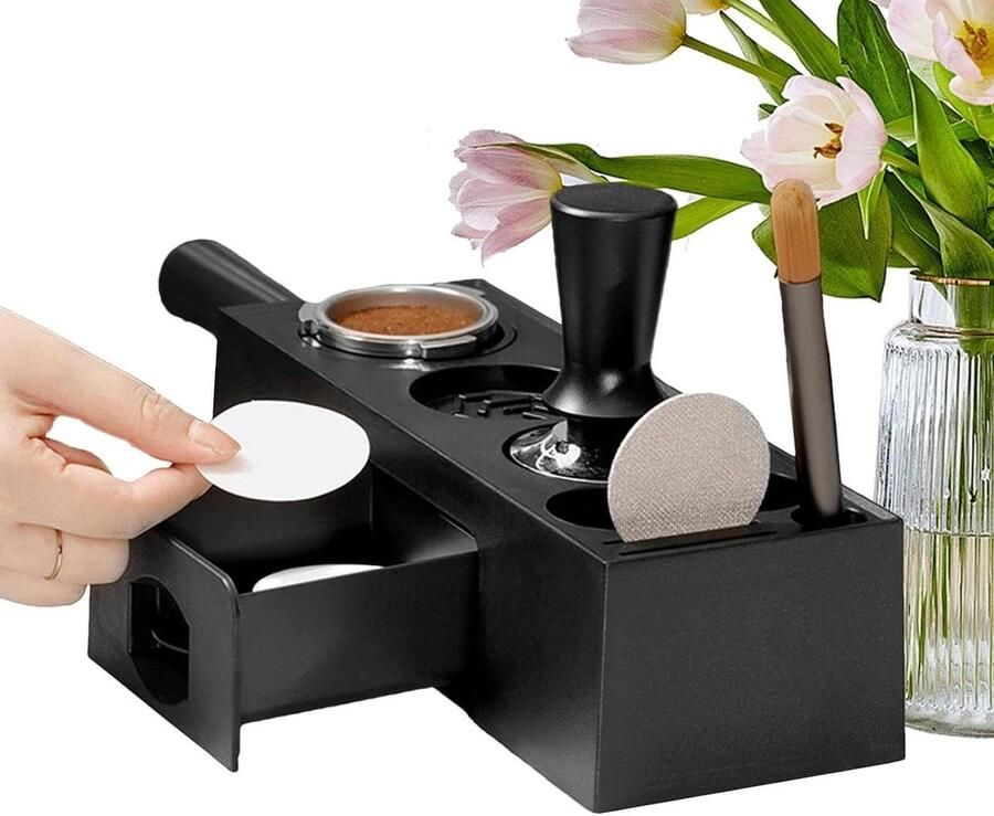 Espresso Tamper Station Koffiebar Organizer Koffiezetruimte Organiseren Met Lade en Siliconen Houder 1110 inch Zwart