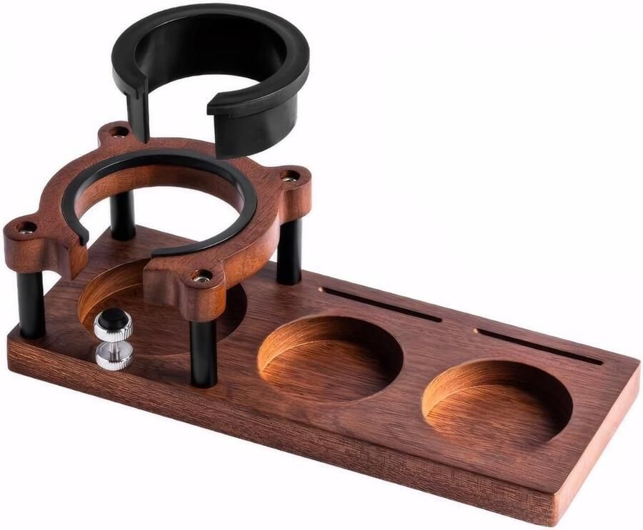 Espresso Tamper Station van massief hout – Verstelbare hoogte van 51-58 mm Koffietamper en draagbare handgreephouder – Antislip multifunctionele koffie-organizer – Opbergruimte voor koffie-accessoires – Draagbare filterhouder