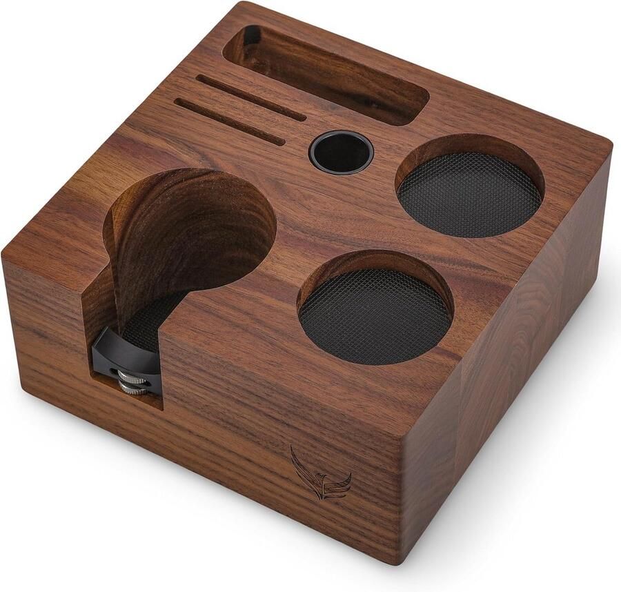 Espresso Tamping Station Koffie Organizer Barista Werkplek Walnoot Hout Afwerking 17.8 x 17.8 x 7.6 cm