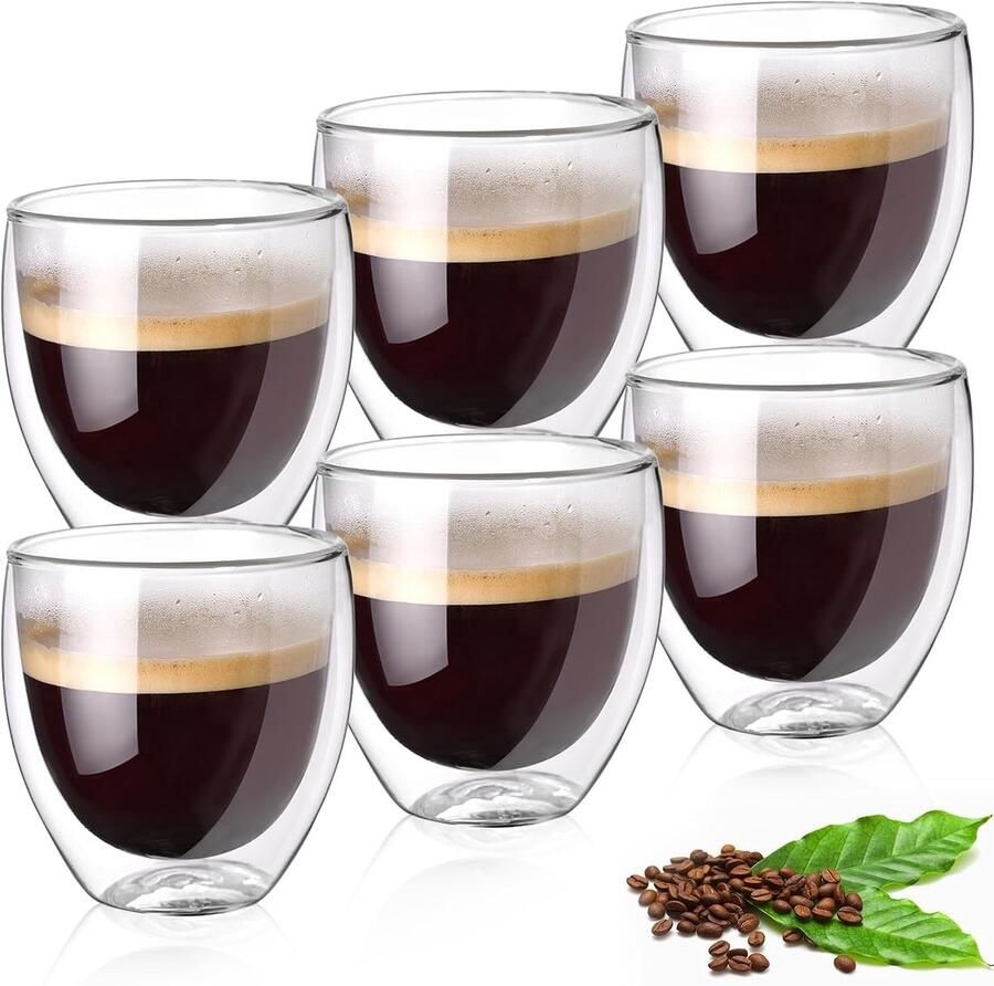 Espressobeker 80 ml set van 6 dubbelwandige glazen voor koffie latte transparante glazen beker met 6 lepels latte macchiato kopjes voor bier sap