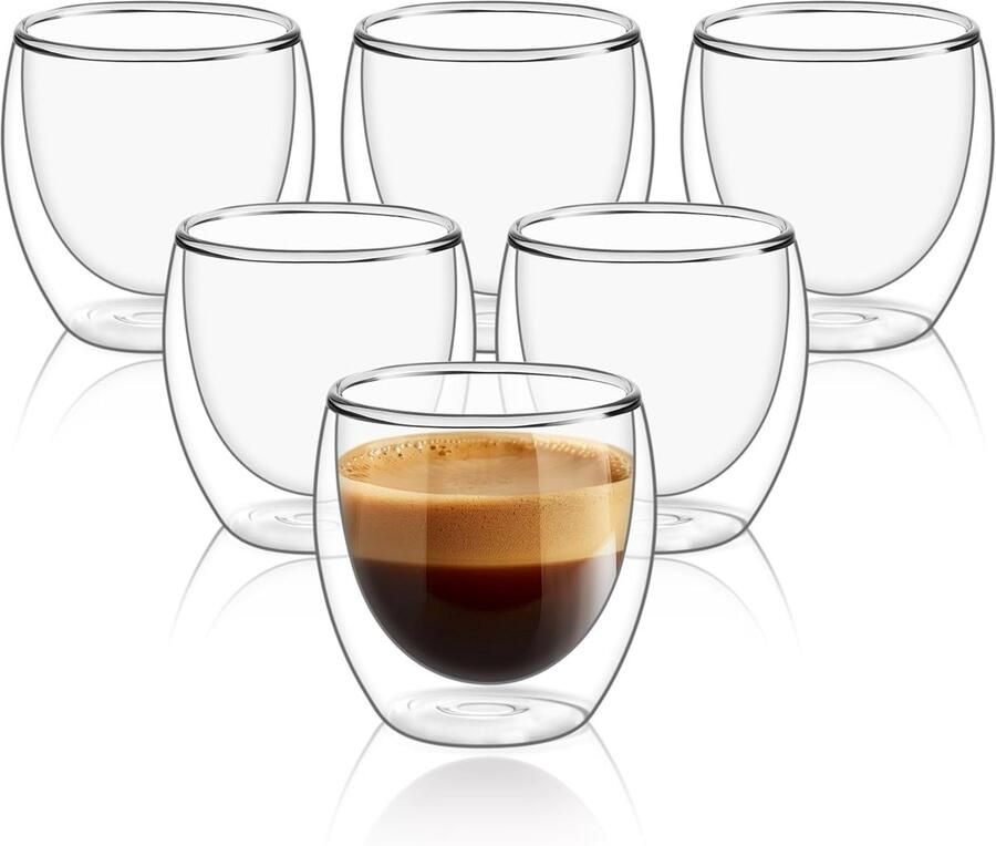 Espressoglazen 80ml – Set van 6 Ronde Thermoglazen voor Ristretto Espresso & Mokka – Handgeblazen Isolerende Mini Glazen