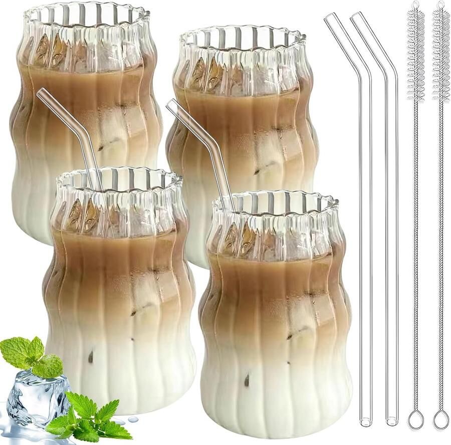 Espressokopjes latte macchiato-glazenset 4 stuks 530 ml golvende drinkglazen longdrinkglazen set voor koffie thee cola frisdrank cocktails met glazen rietjes borstels