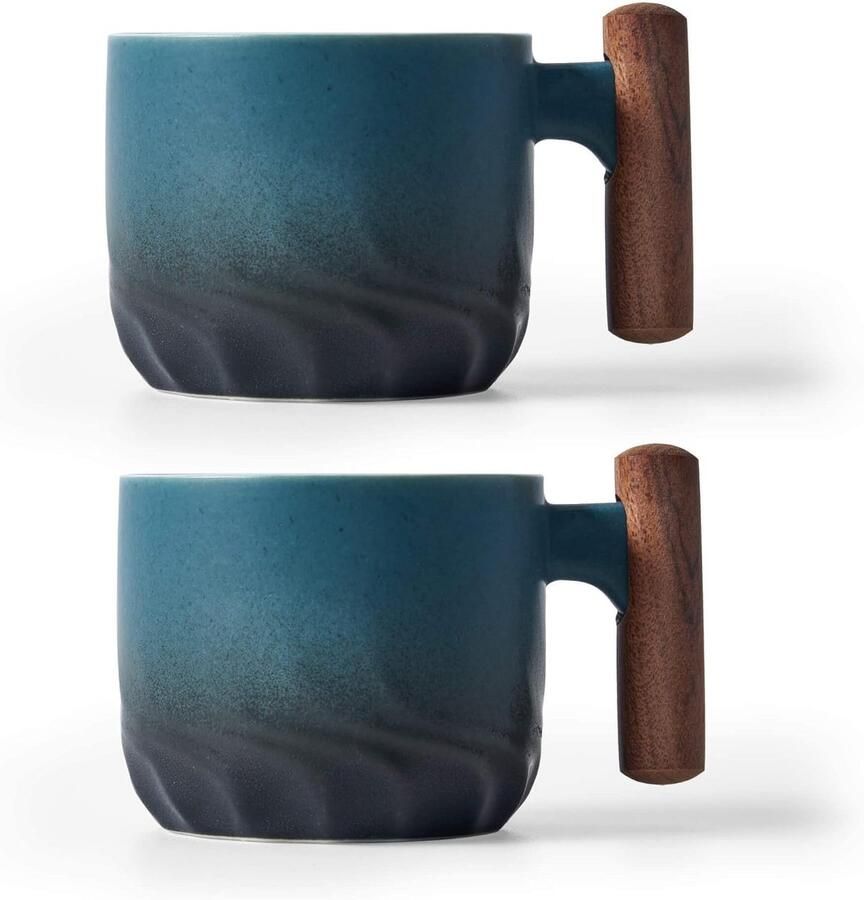 Espressokopjes met houten handvat espresso koffiekopjes keramische theekopjes Demitasse porseleinen mokken voor koffie of thee 2 oz (blauw 2)