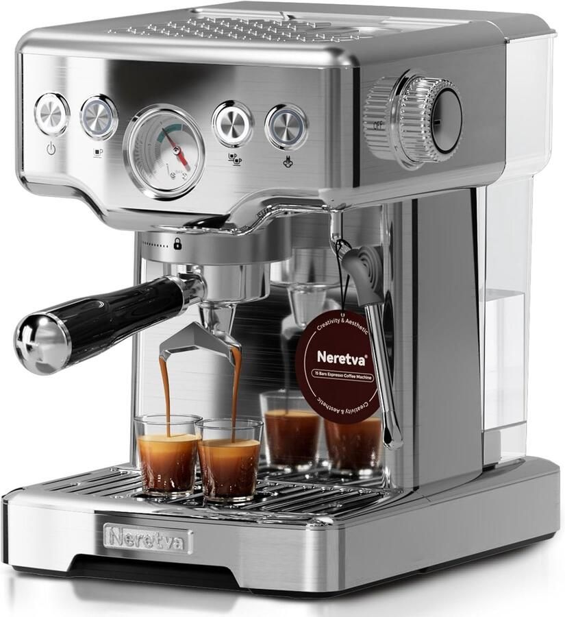 Espressomachine 15 Bar met Melkopschuimer – RVS Zeefdrager Koffiemachine met Manometer 1.8L Watertank & Barista Kit