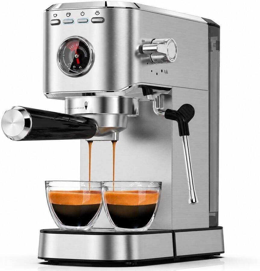 Espressomachine 20 Bar – 1350W – 1 1L Waterreservoir – Met Melkopschuimer Manometer & Kopjeswarmer – Voor Espresso Cappuccino en Latte
