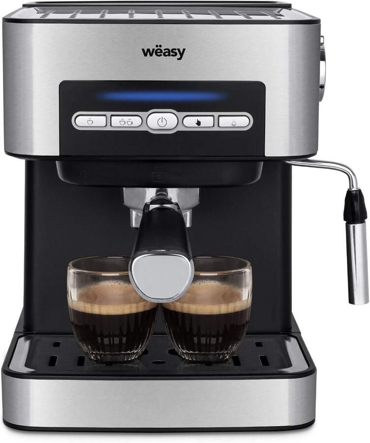 Espressomachine 20 Bar – 850W – 1 6L Watertank – Melkopschuimer met Stoompijp – 1 of 2 Kopjes – Kopjeswarmer – RVS Zilver