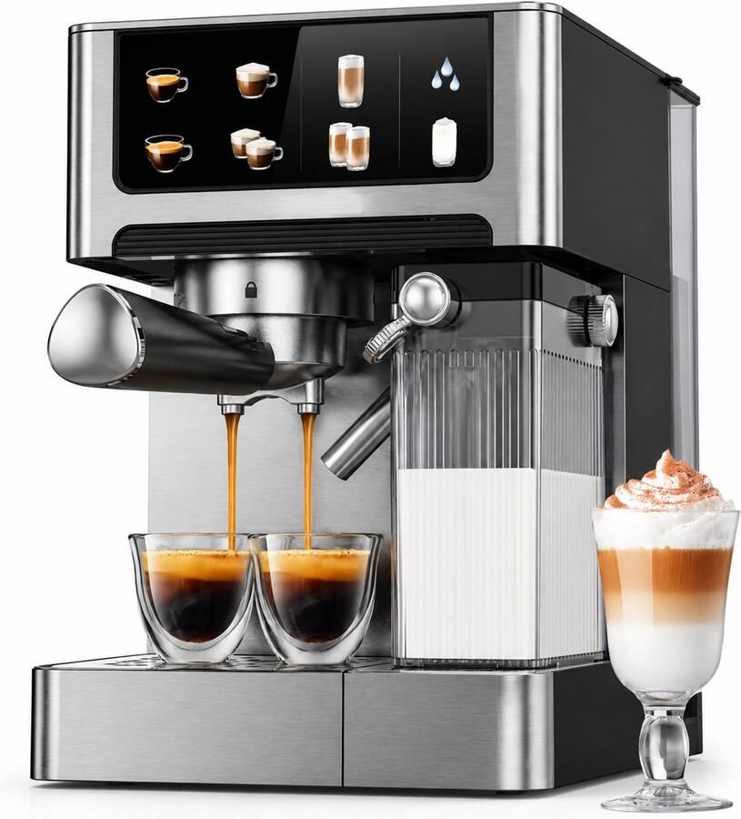 Espressomachine 20 Bar – Automatische Melkopschuimer – Touchscreen – Dubbele Boiler – 1.8L – 1350W