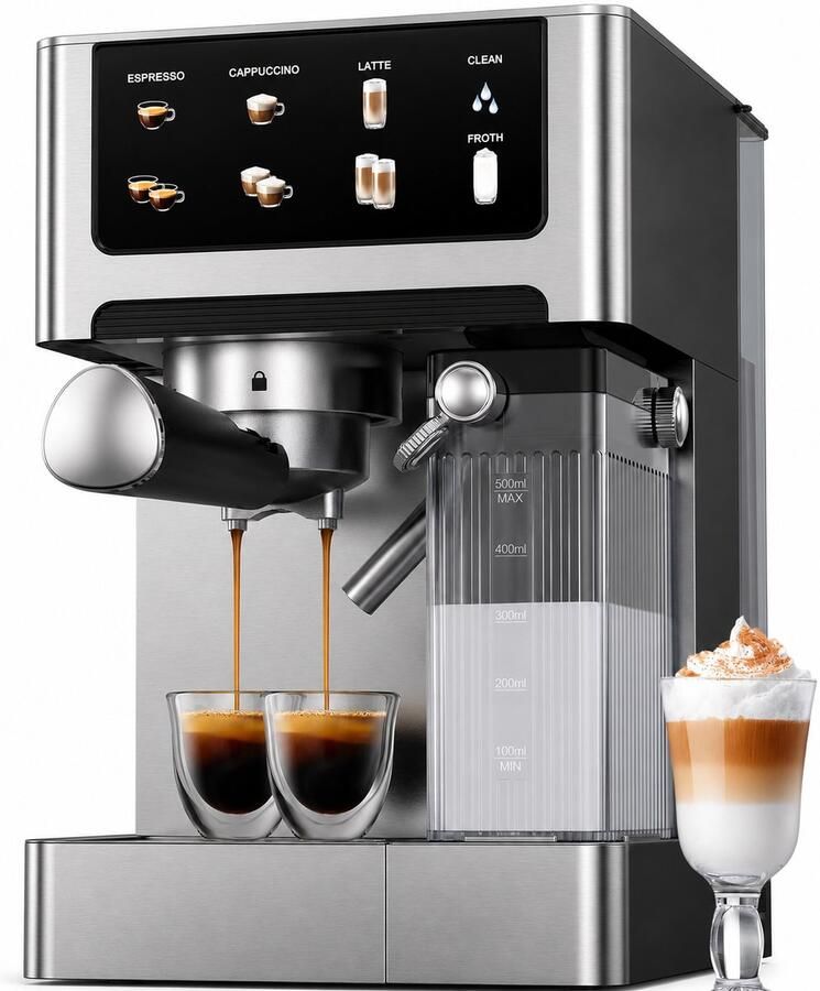 Espressomachine 20 Bar – Cappuccino & Latte Machine Dubbelboiler Koffiemachine (1350W & 1000W) Extractie in 15s Roestvrij Staal Afneembaar Waterreservoir 1 8L Touchscreen