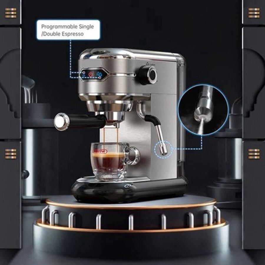 Espressomachine – 20 Bar – Compact Koffiezetapparaat Semi-Automatisch 1.1L 1450W ESE Pads en Gemalen Koffie – RVS Heetwaterfunctie - Foto 2