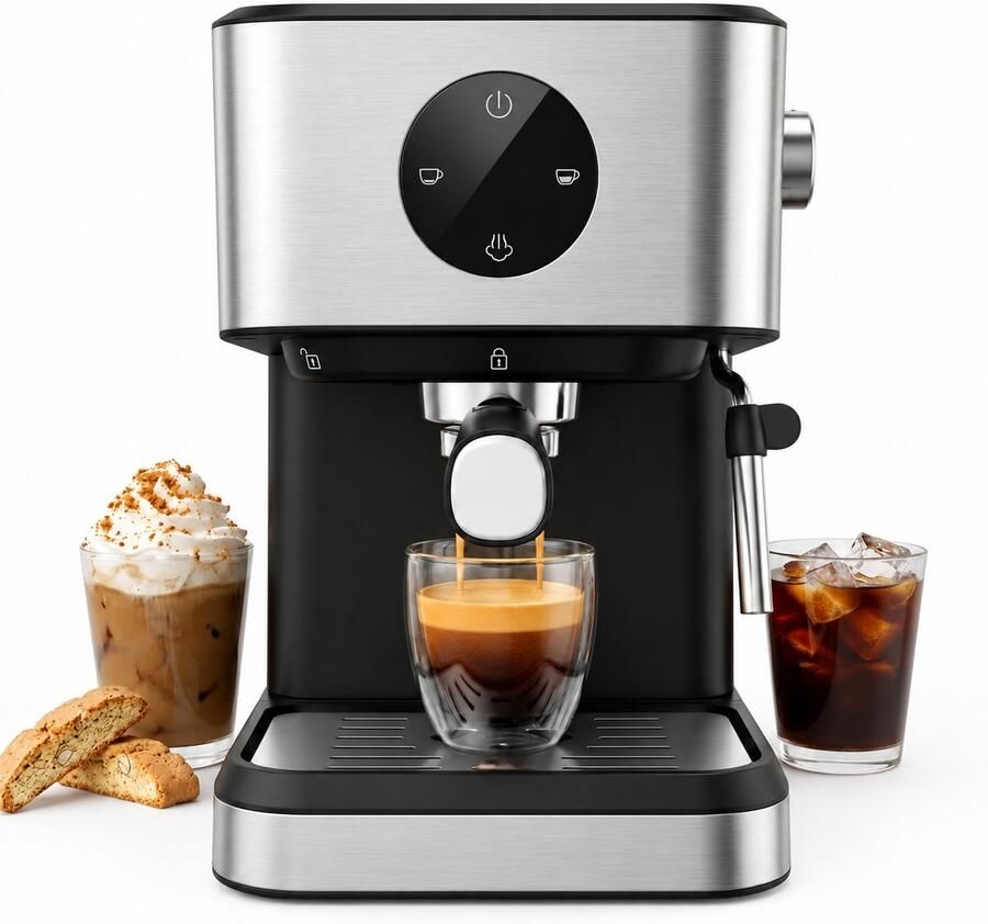 Espressomachine 20 Bar – Koffiemachine met Melkopschuimer – 1 5 L Waterreservoir – 1050 W RVS