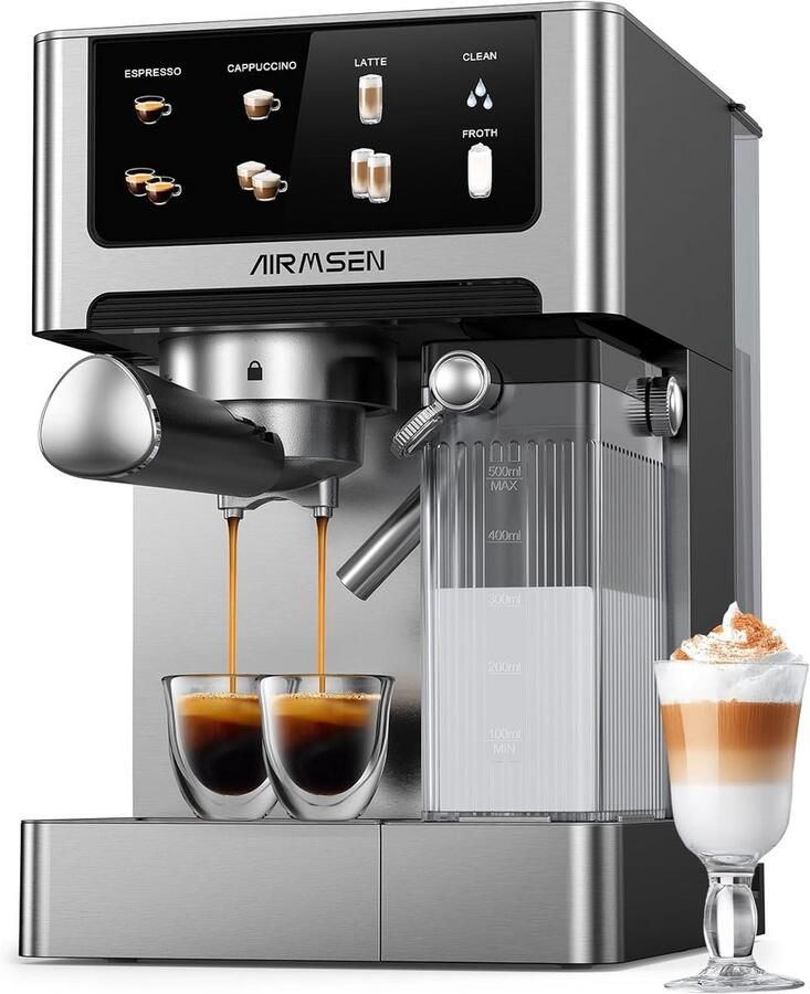 Espressomachine 20 bar met dubbele boiler cappuccino & latte 1350 W 1000 W 15 seconden extractie roestvrijstaal uitneembare watertank 1 8 L