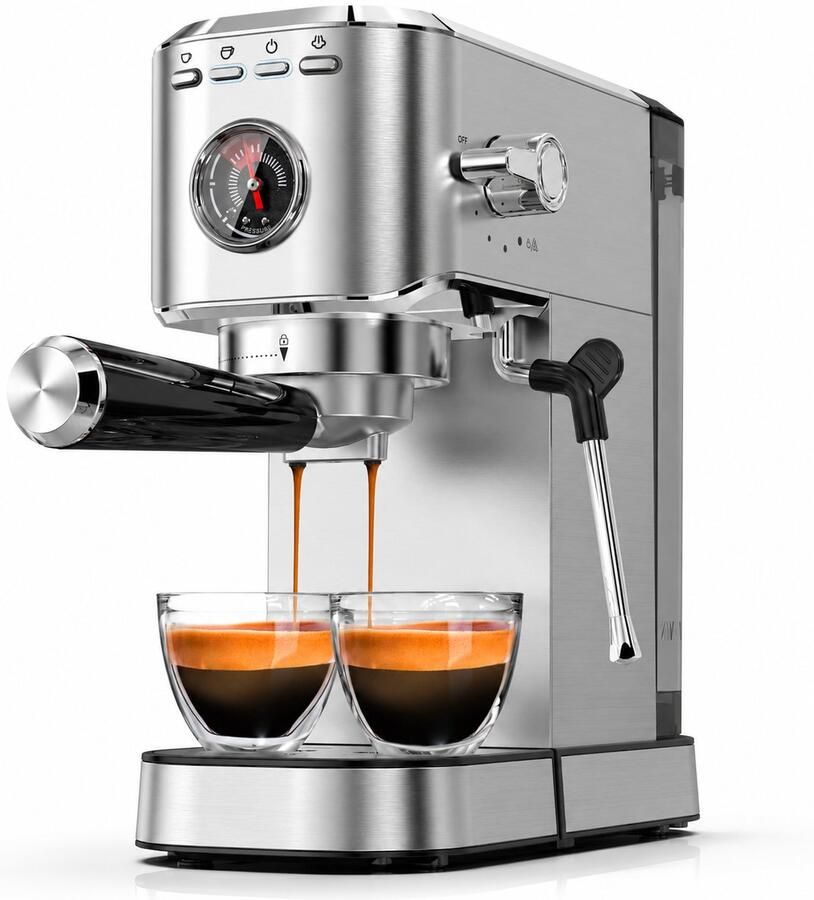 20 bar professionele espressomachine met manometer stoompijpje en kopjeswarmer dubbele shot 1 liter uitneembare watertank compacte roestvrijstalen koffiezetapparaat voor thuis geschikt voor latte cappuccino en americano