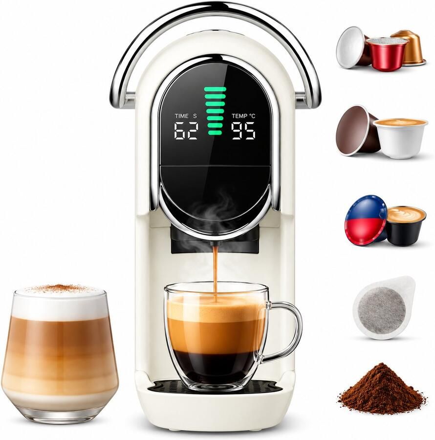 Espressomachine 5-in-1 – 20 Bar – Warm en Koud – 7 Waterstanden – LED Display – 1450 W – Wit