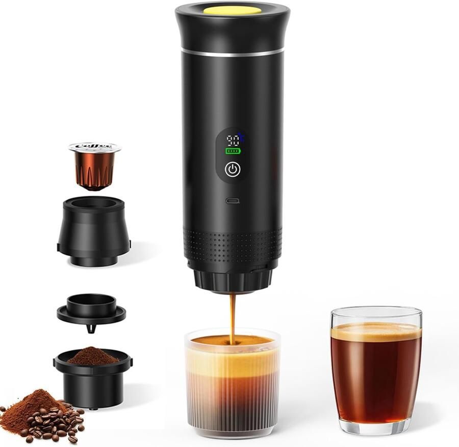 Espressomachine Draagbaar koffiezetapparaat Mini-koffiezetapparaat voor in de auto 3-in-1 zelfverwarmend elektrisch koffiezetapparaat USB-C-interface Geschikt voor koffiepoeder en capsules Ideaal voor kamperen en kantoorgebruik Zwart