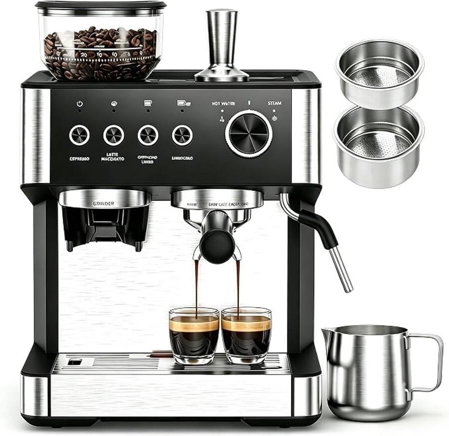 Espressomachine met geïntegreerde Bonenmaler 20 Bar 30 Maalstanden 2 3L Watertank 270g Bonenreservoir Melkopschuimer Zelfreinigend Cold Brew Voor Thuis en Kantoor