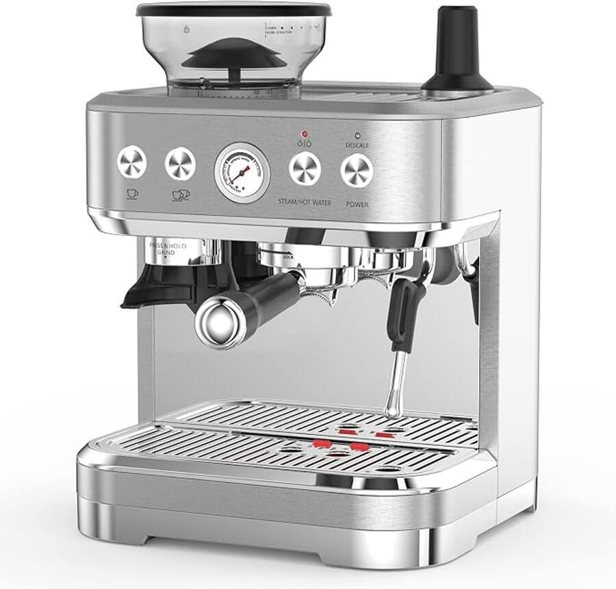 Espressomachine Pistonmachine met Ingebouwde Koffiemolen 15 Bar Italiaanse Pomp Geborsteld RVS 1750W Directe Verhitting Coffee Machine voor Thuis en Kantoor