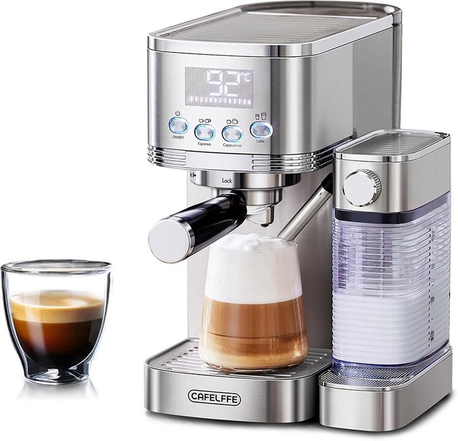 Espressomachine met melkopschuimer Koffiezetapparaat Koffie maken thuis Dubbele boiler technologie 20 bar druk Zilver