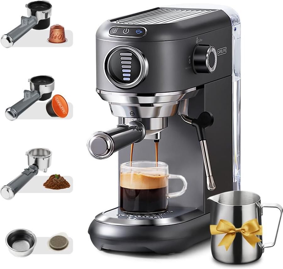 Espressomachine met melkopschuimer zeefvoermachine voor warme en koude brouwkoffie voor en -capsules ESE-pads en koffiedik 7-traps koffiehoeveelheid grijs