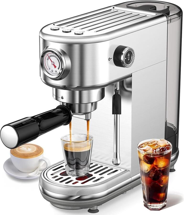 Espressomachine met opschuimer Koffiezetapparaat Thuis barista 20 bar hogedruk 1350 Watt Zilver