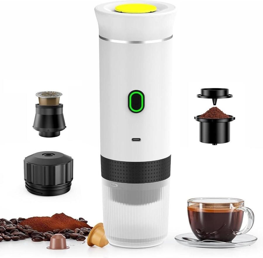 Espressomachine voor op reis en in de auto zelfverwarmend met USB-C 12V koffiezetapparaat 3-in-1 campingkoffiezetapparaat