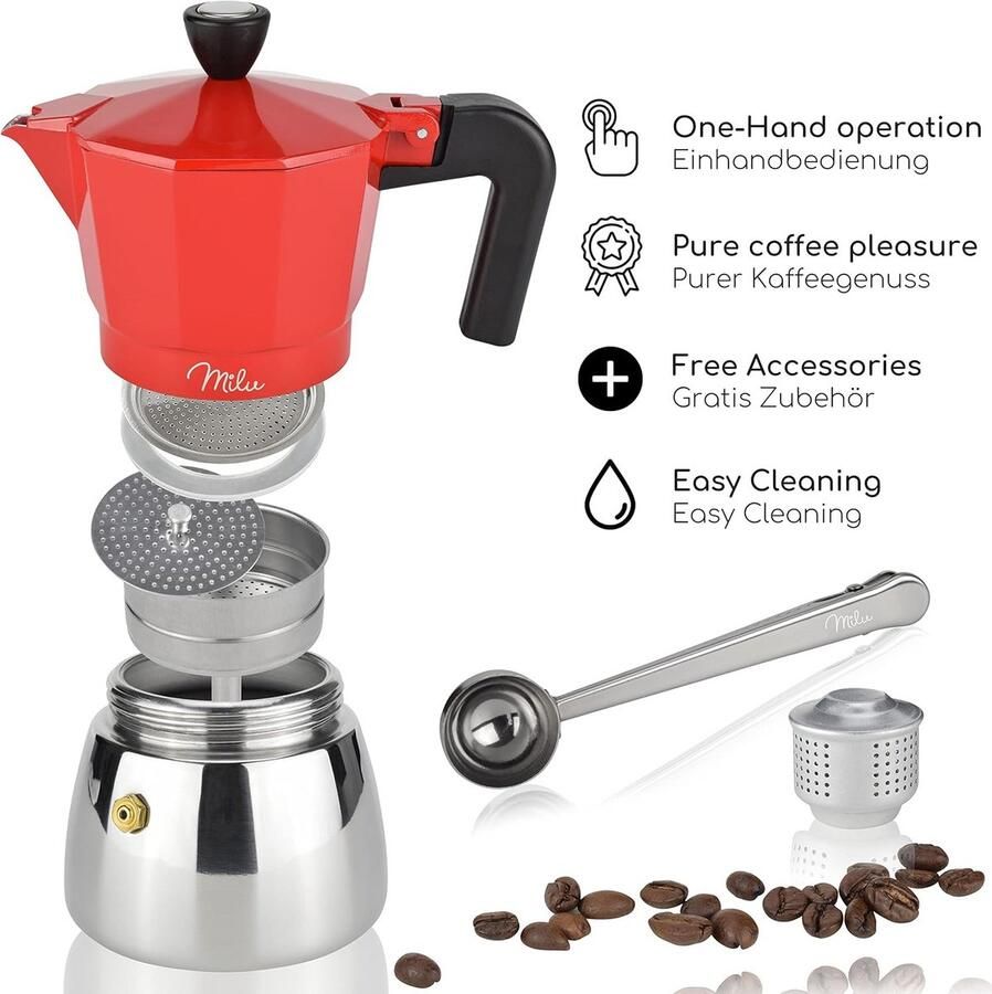Espressomaker Mokkakan Koffiezetter Verse Koffie Maken Geschikt Voor Inductie 3 Kopjes 150ml Rood