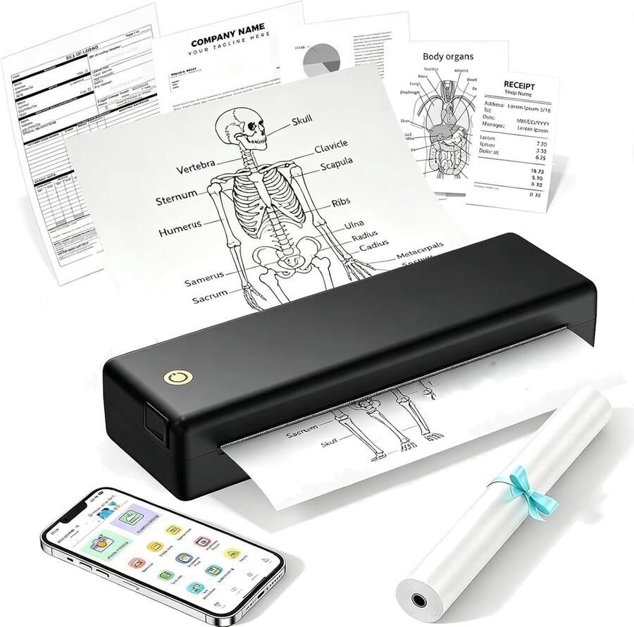 ESynic Draagbare A4 Thermische Printer Zonder Inkt Ondersteunt Meerdere Formaten Draadloze Printer Bluetooth + USB Compatibel met iOS Android Windows Mac Ideaal voor Kantoor Studie Reizen Zwart
