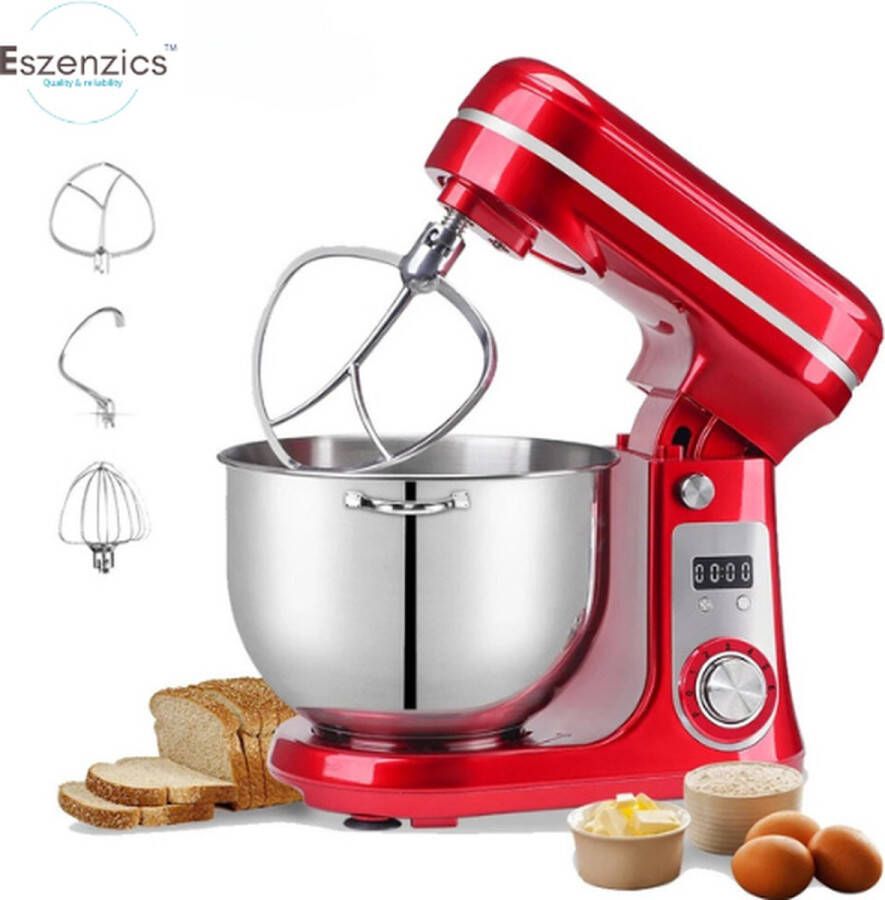 Eszenzics™ Keukenmachine Krachtige Keukenmixer Compact Deegmixer Mixer Kneedmachine 6 Liter 1200W 6 Snelheden RVS Rood