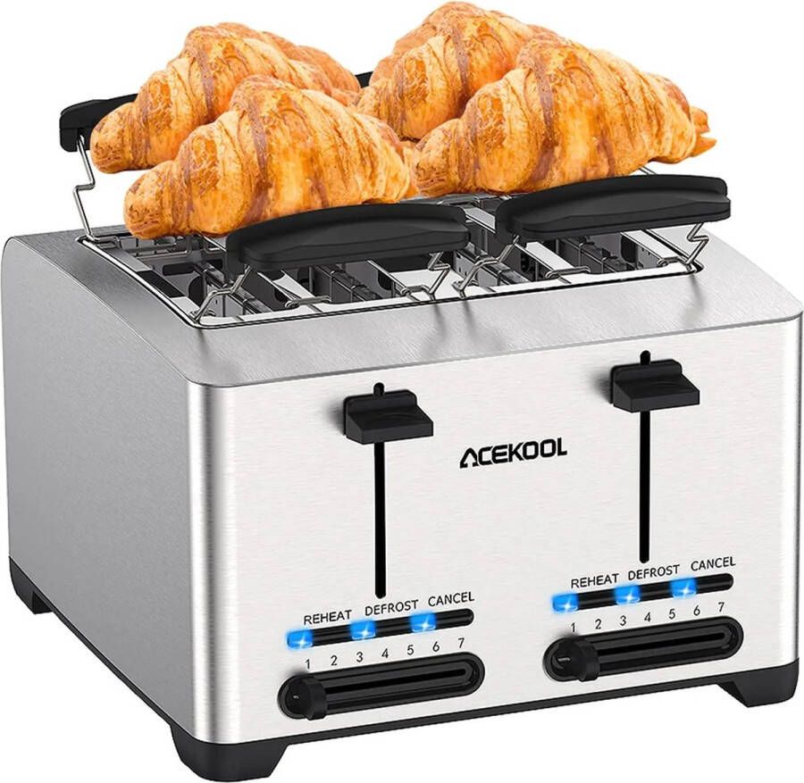 Eszenzics™ RVS Broodrooster Toaster 4 Sneden Extra brede sleuven 7 warmteniveaus 1500W Gescheiden dubbele bediening Ontdooifunctie