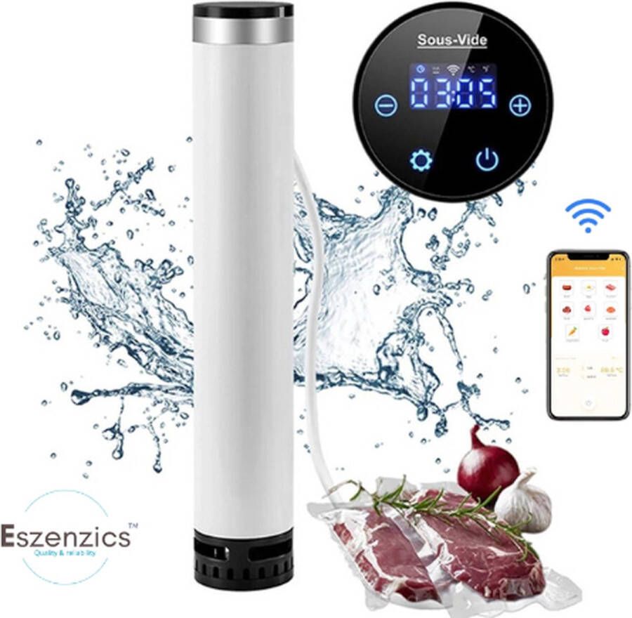 Eszenzics™ Sous vide koker Gen4 1100W Snel en Veilig Sous vide stick Licht en Sim Incl. 11L kookbak en rek Wifi-app IPX7