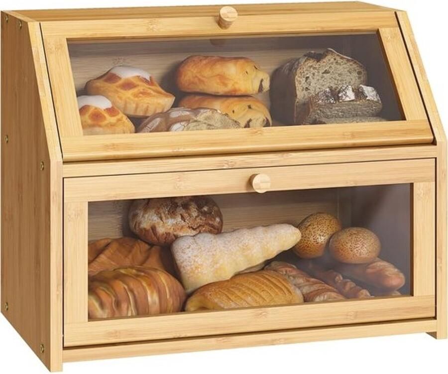 Extra grote broodtrommel voor de keuken dubbellaagse houten broodbak met kijkvenster
