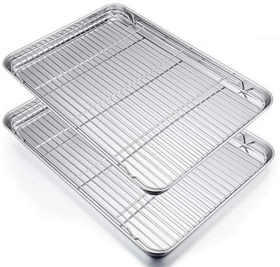 Extra Large Rvs Bakplaat en Kookrek Set 4 Delig Geschikt voor Oven en Vaatwasser 40 x 30 cm