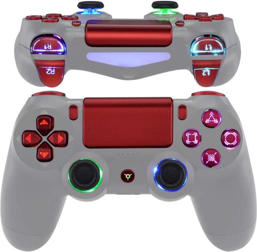 EXtremeRate Multi-Colors Luminated D-pad Thumbstick Trigger Home Face-knoppen Scharlaken Rood Klassieke symbolen-knoppen DTFS (DTF 2.0) LED-kit voor ps4 Slim Pro-controller-controller NIET inbegrepen