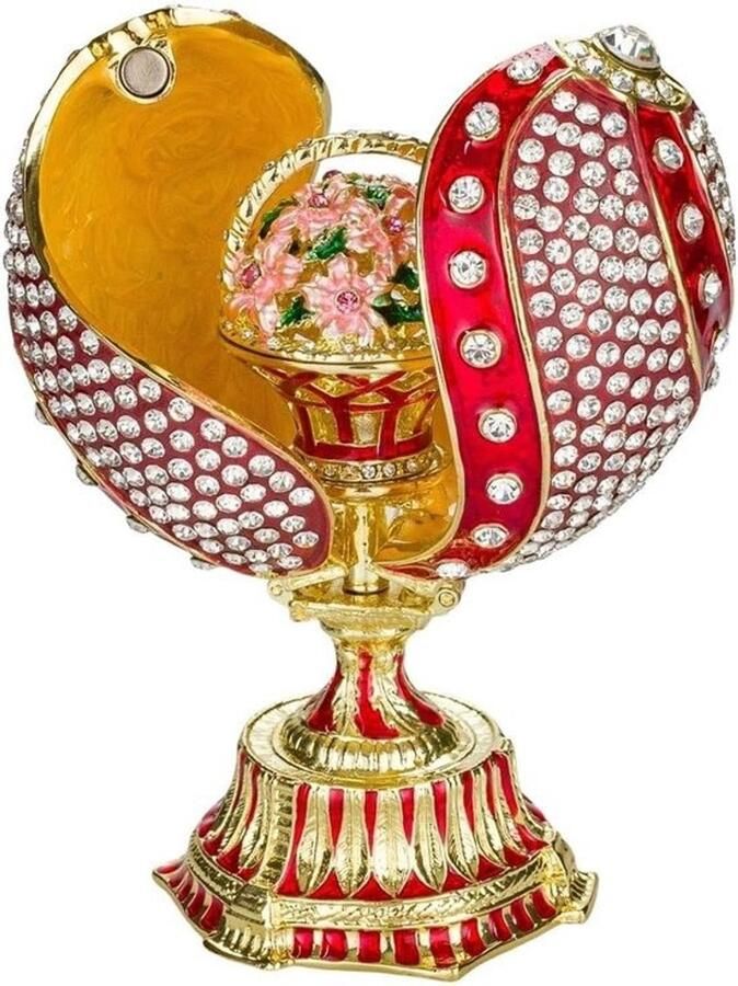 Faberge-stijl gedraaid ei als juwelendoos met bloemenmandje 12 cm in rood
