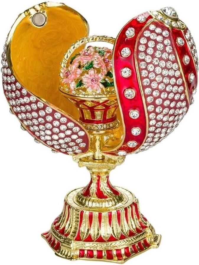 Faberge-stijl gedraaid ei juwelendoos met bloemenmandje 12 cm in rood
