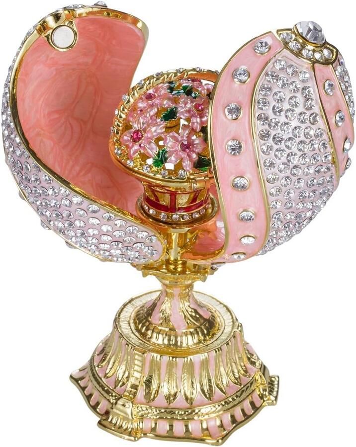 Faberge Stijl Gedraaid Ei met Bloemen in Mandje 12 cm Roze