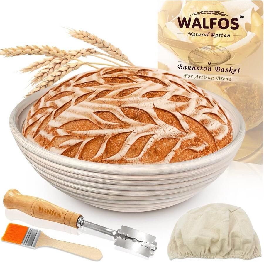 Fermentatie Mand Set voor Broodbakken Ronde Rieten Mand (23 cm) met Broodmes Reinigingsborstel en Linnen Hoes