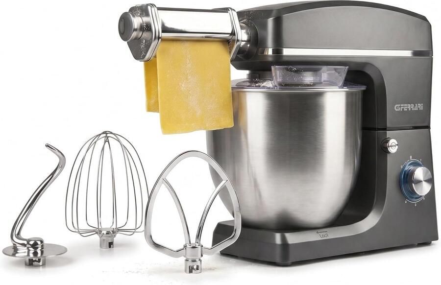 Ferrari G20113 Keukenmachine 10 L met pastaroller Grijs RVS 1500 W 2200 W max 6 snelheden en pulse 10 L RVS-kom voor maximaal 4 kg ingrediënten pastaroller en 3 menghulpstukken