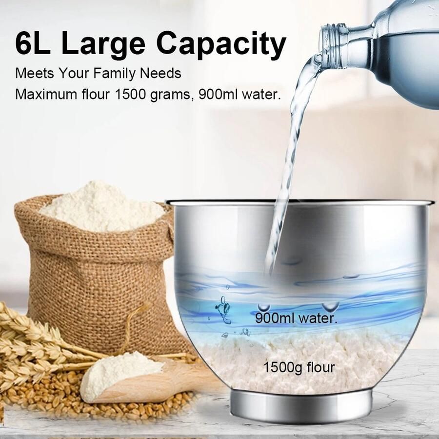 FIBILA 6L Keuken Stand Mixer Keukenmachine Voedselmixer Keukenmizer Met Mengkom Keukenmixers 1200W DC Stille Motor 6 Snelheden Roestvrijstalen Kom Tilt-Head Design Inclusief Deeghaken Kloppers en Garde Stabiele Anti-Slip Voeten