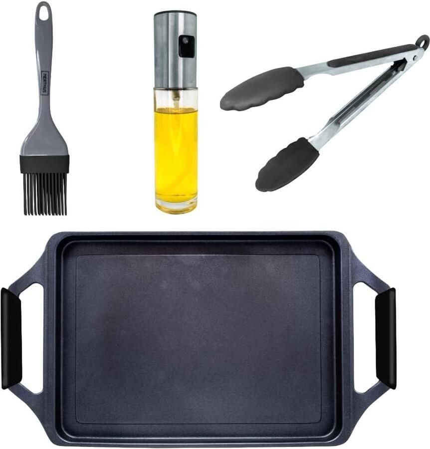 FIH 1670 – Grillplaat Gegoten Aluminium Quantanium PPG – Inductie Gas en Keramisch – 43 cm – Set met Keukentang Siliconen Kwast en Olie Spray