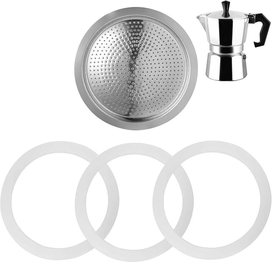 Filter voor koffiezetapparaat + 3 rubberen afdichtingen reserveonderdelen voor Italiaans koffiezetapparaat rubberen afdichting filter van aluminium 6 kopjes