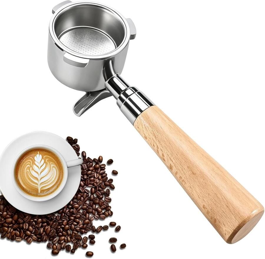 Filterhouder 51mm voor espresso machines roestvrijstalen portafilter met houten handvat dubbele uitloop en drukloze mand voor perfecte koffie