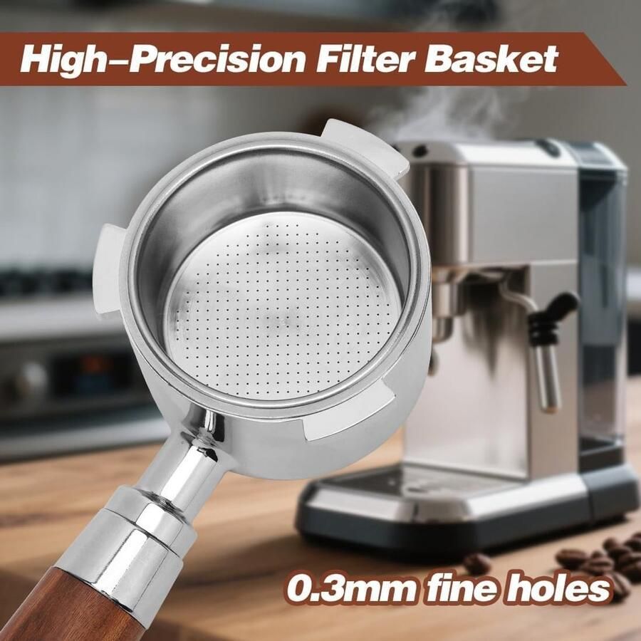 Filterhouder zonder basis 51 mm geschikt voor DeLonghi Dedica EC680 EC685 EC885 koffiefilterhouder met 3 oren houten handvat en RVS filtermandje voor perfecte espresso