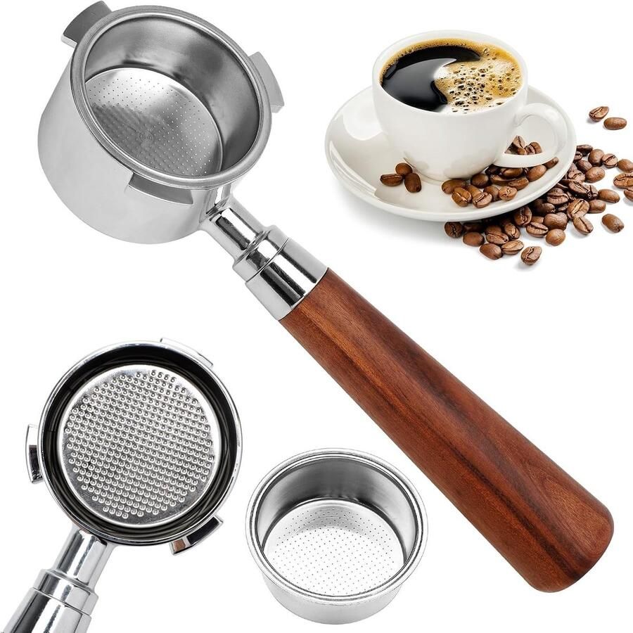 Filterhouder zonder bodem 51 mm voor espressomachines koffiezeefhouder met 3 oren roestvrij staal en houten handvat voor optimale koffie-extractie