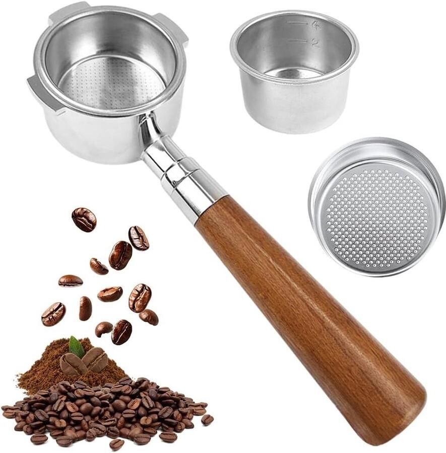 Filterhouder zonder bodem 51mm met houten handvat en 3 oren voor espresso machines geschikt voor 0.3 mm RVS filter en compatibel met EC785 EC820 EC850 EC860