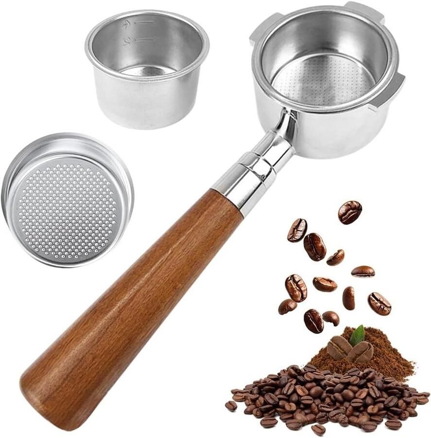 Filterhouder zonder bodem 51mm voor DeLonghi Dedica EC680 EC685 EC885 met 3 oren en houten handvat 0.3mm roestvrijstalen filter compatibel met EC785 EC820 EC850 EC860 ideaal voor espresso en koffiezetten